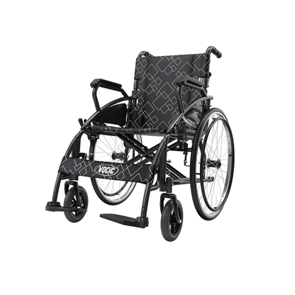A Lightweight Folding Manual Wheelchair | VOCIC U31 in black with a geometric white pattern, featuring armrests, large rear wheels, small front wheels, and footrests; the word “VOICE” is printed on the front crossbar.