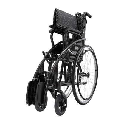 The Lightweight Folding Manual Wheelchair | VOCIC U31 is shown from a rear angle, featuring a sleek black design with large rear wheels, smaller front wheels, black armrests and footrests. The seat and backrest are adorned with a striking geometric pattern.