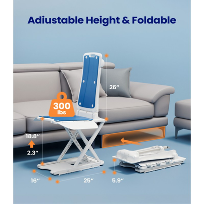 A blue and white Lightweight Waterproof Electric Bath & Floor Lift Chair | VOCIC AX07 is shown with its measurements labeled, supporting up to 300 lbs. Displayed both upright and folded beneath a sofa, this durable, foldable chair combines convenience with sturdy design for easy bathing or floor use.