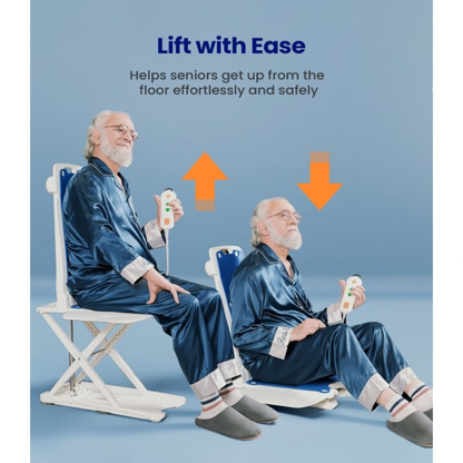 Two seniors in blue pajamas use the Lightweight Waterproof Electric Bath & Floor Lift Chair | VOCIC AX07; one is seated on the floor while the other is elevated. Orange arrows and text demonstrate how this electric device helps seniors rise from the floor safely and easily.