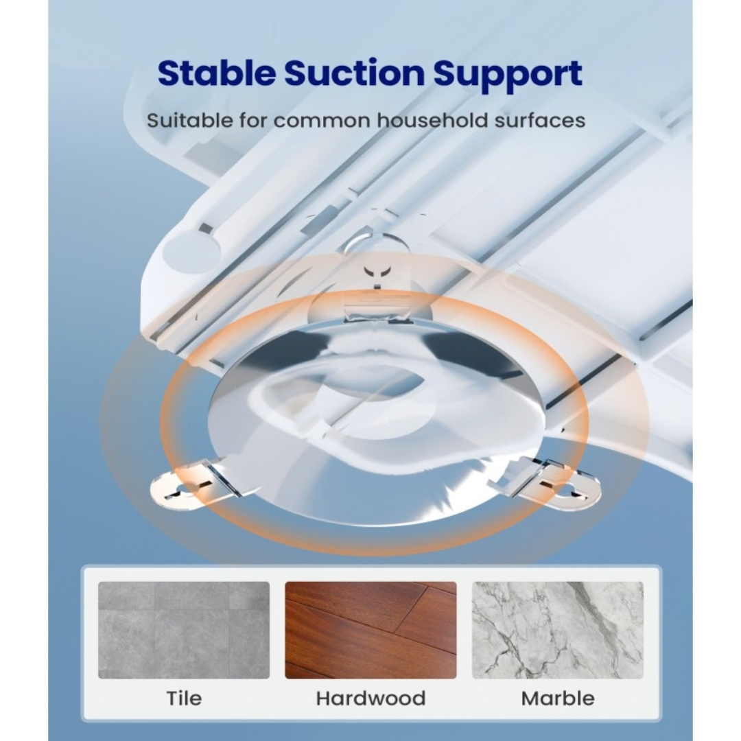 Close-up of a suction cup mounted on a surface, highlighting its stable support—perfect for use with the Lightweight Waterproof Electric Bath & Floor Lift Chair | VOCIC AX07. Text indicates compatibility with tile, hardwood, and marble surfaces. Three sample surfaces are shown at the bottom.