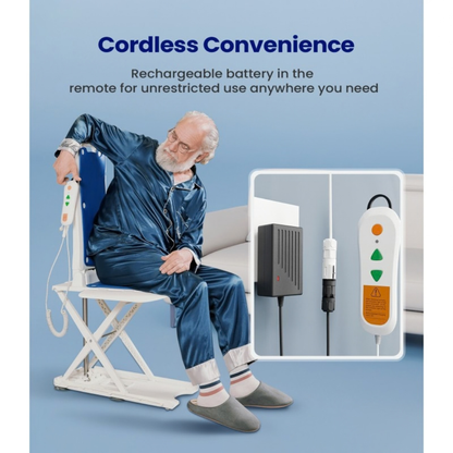 An elderly man in pajamas uses a remote to operate the Lightweight Waterproof Electric Bath & Floor Lift Chair | VOCIC AX07. An inset displays a close-up of the rechargeable, cordless remote and charger, highlighting its user-friendly convenience. This waterproof lift chair ensures effortless comfort and enhanced safety for daily bathing routines.