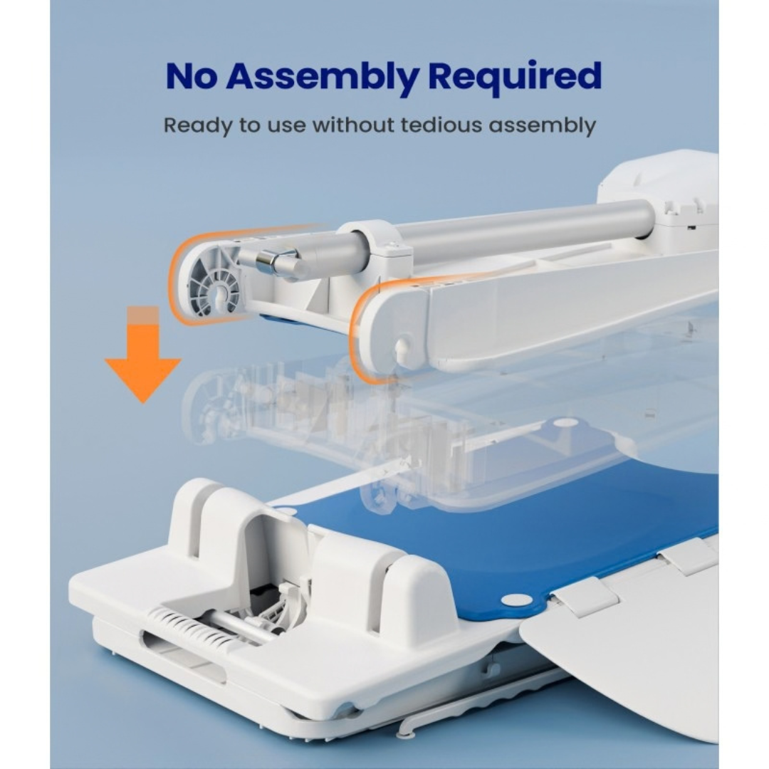 A close-up of the Lightweight Waterproof Electric Bath & Floor Lift Chair | VOCIC AX07 features an orange arrow and text: No Assembly Required. Ready to use straight out of the box, this waterproof lift chair is shown partially unfolded on a light blue background.