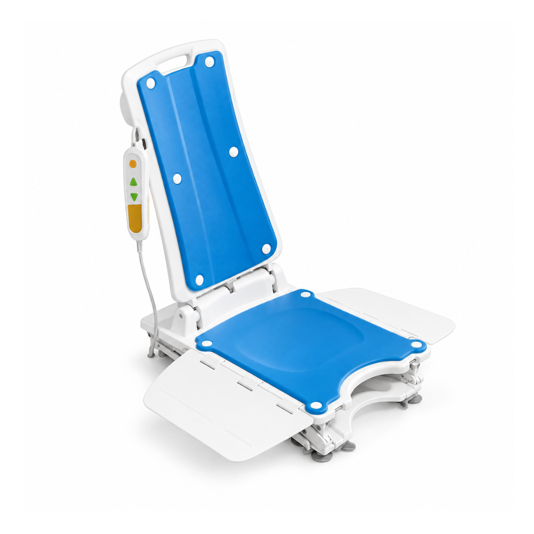 The Lightweight Waterproof Electric Bath & Floor Lift Chair, VOCIC AX07, in blue and white, features an adjustable design and a corded remote control to aid individuals with mobility challenges during bathing.