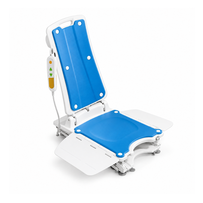 The Lightweight Waterproof Electric Bath & Floor Lift Chair, VOCIC AX07, in blue and white, features an adjustable design and a corded remote control to aid individuals with mobility challenges during bathing.
