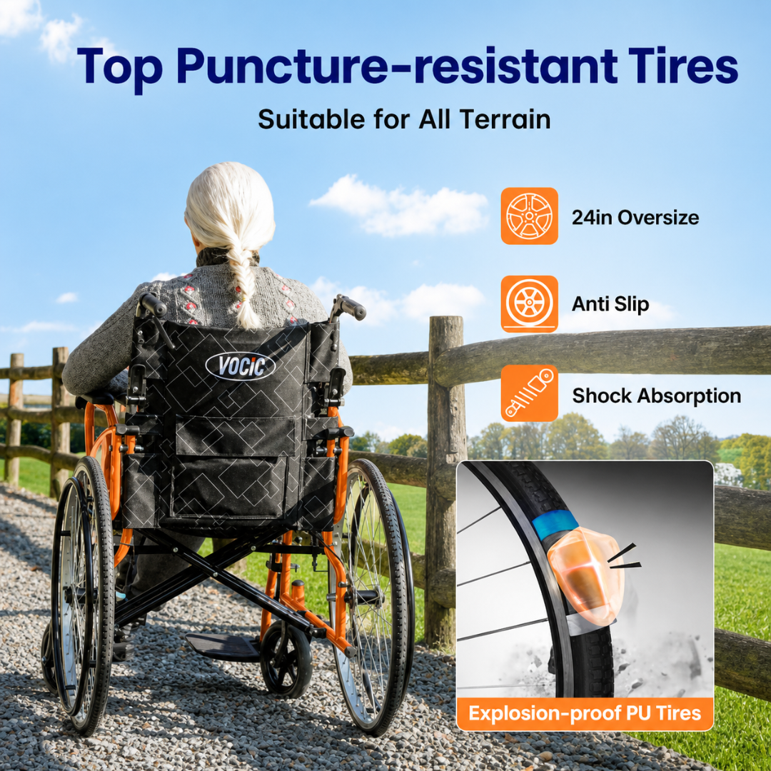 A woman in a wheelchair travels along a gravel path beside a fence, while text highlights the Lightweight Folding Manual Wheelchair | VOCIC U31’s 24-inch PU tires, which are puncture-resistant, anti-slip, and shock-absorbing. An inset provides a close-up of the tires’ explosion-proof feature.