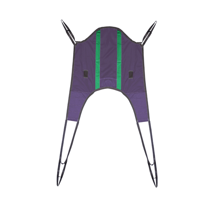 The Bestcare Liko®/Guldmann® Replacement Sling is a purple and green polyester fabric lifting sling with extended corner straps for patient transfers, featuring a split-leg design to aid mobility assistance, displayed flat on a white background.