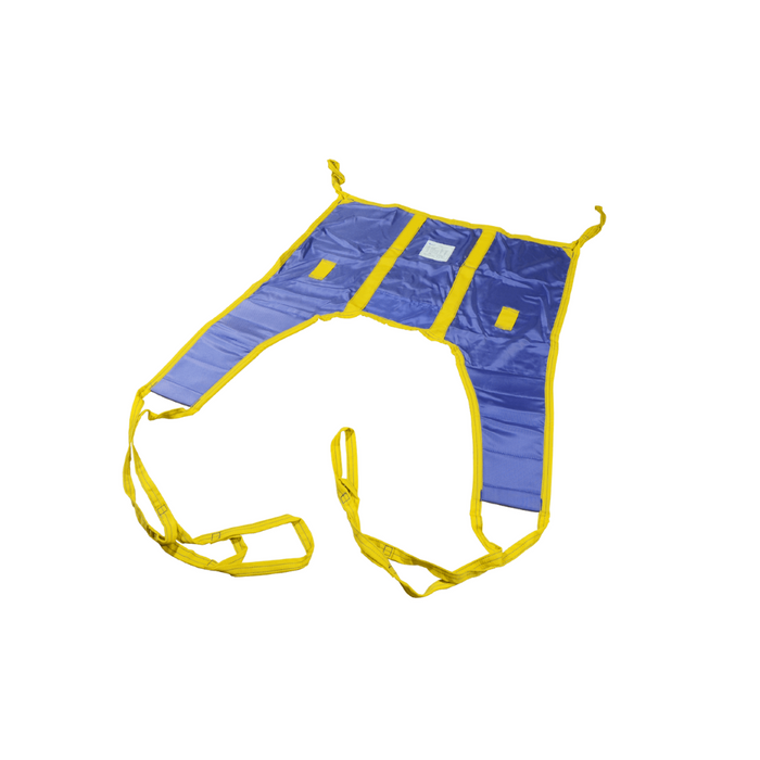 The Bestcare Liko®/Guldmann® 4 Point Cradle Slings are durable polyester slings in blue and yellow for patient lifting and transfers, featuring split-leg design with loops and straps for secure hoist or lift attachment.