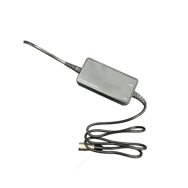 A black, rectangular Lithium Battery Charger 2AH by Monarch Mobility, featuring a cord with a cylindrical connector, is displayed on a white background.