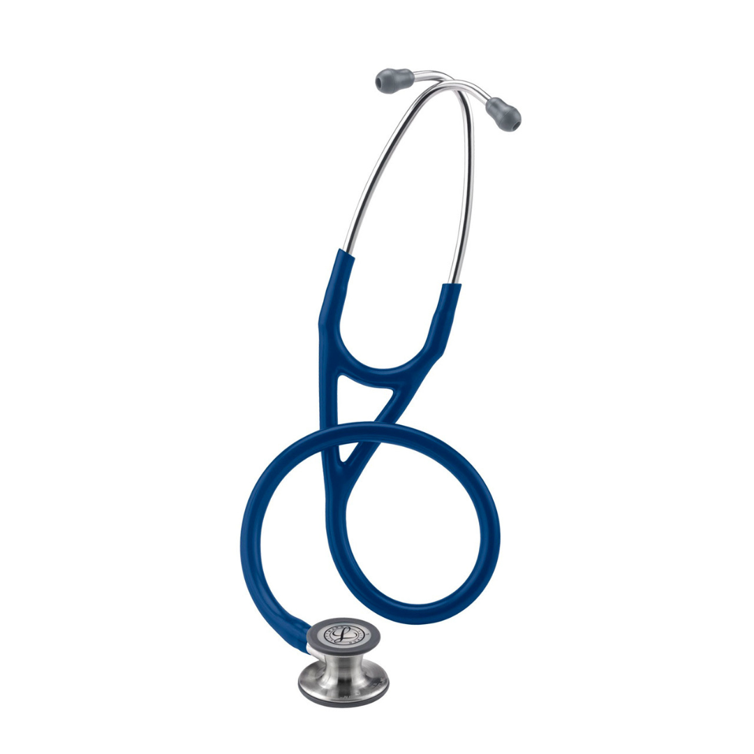 The Littmann® Cardiology IV™ Stethoscope, featuring a blue tube, gray earpieces, and a silver chest piece, is coiled neatly and stands upright against a white background.