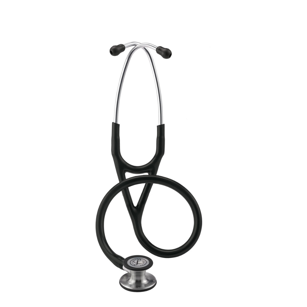 A Littmann® Cardiology IV™ Stethoscope in black and silver, featuring a Y-shaped frame and coiled tubing, stands upright against a white background.