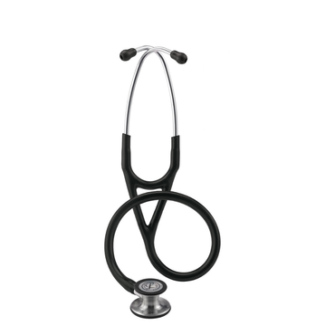 A Littmann® Cardiology IV™ Stethoscope in black and silver, featuring a Y-shaped frame and coiled tubing, stands upright against a white background.
