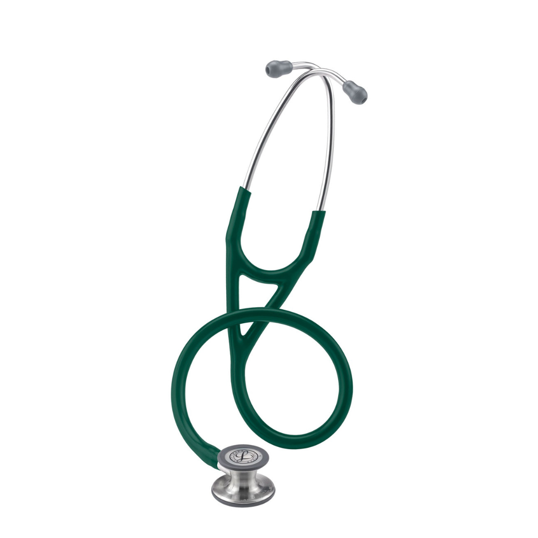 A Littmann® Cardiology IV™ Stethoscope in green and silver, featuring ear tips at the top and a chest piece at the bottom, is coiled in a loop against a plain white background.