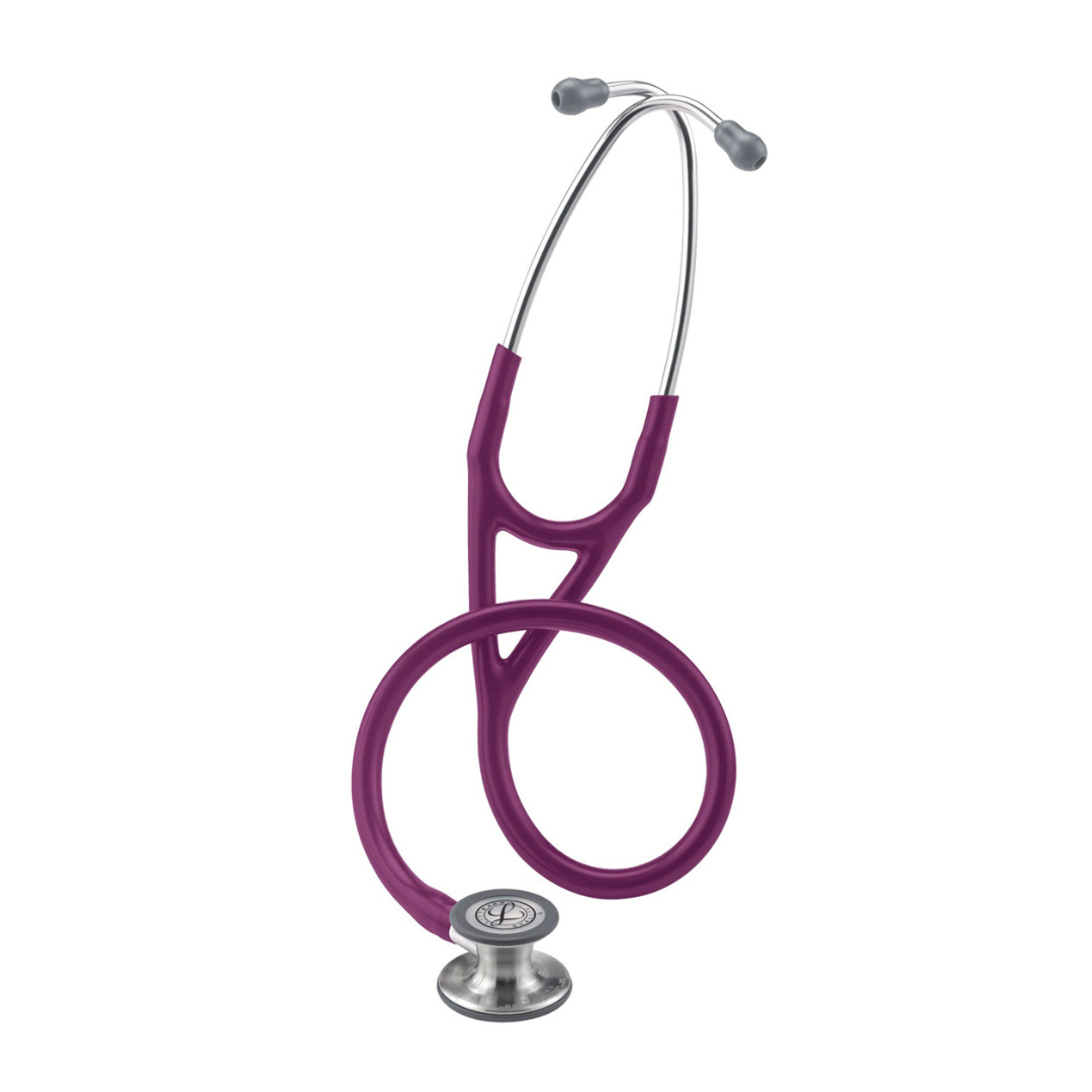 A Littmann® Cardiology IV™ Stethoscope in purple, featuring a silver chest piece, is coiled neatly and stands upright against a white background.