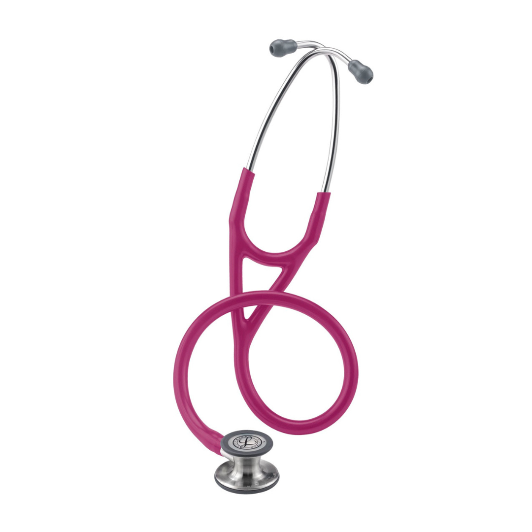 The Littmann® Cardiology IV™ Stethoscope, featuring a pink and silver design with gray ear tips, is displayed standing upright on a white background.