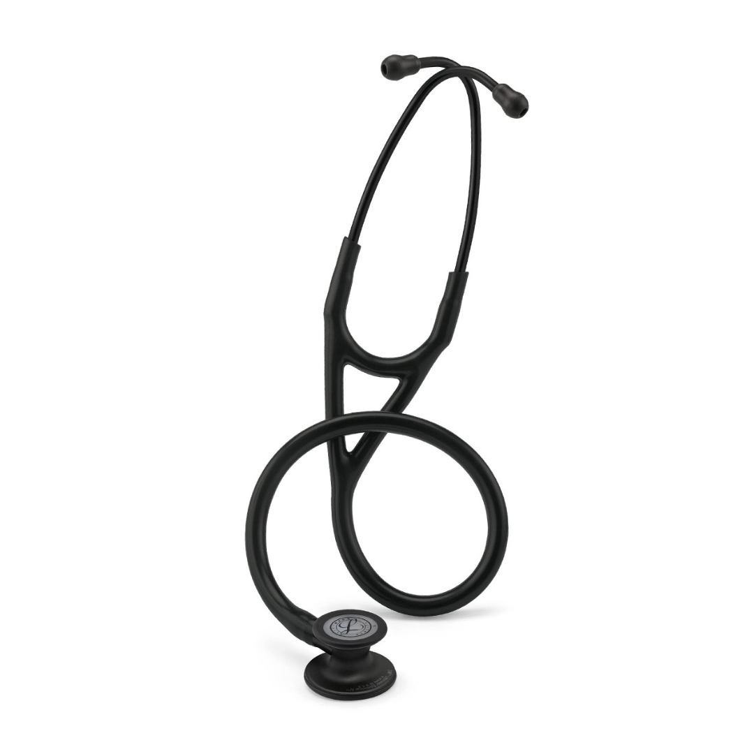 A Littmann® Cardiology IV™ Stethoscope in black stands upright with its tubing coiled in a loop, resting on a white background.
