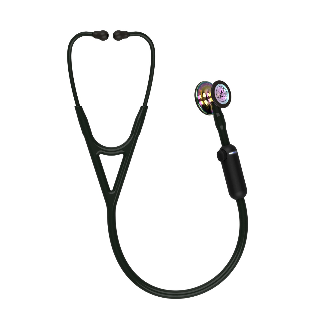 Black Littmann® Core Digital Stethoscope with a rainbow-finish chestpiece and a small electronic module on the tubing.