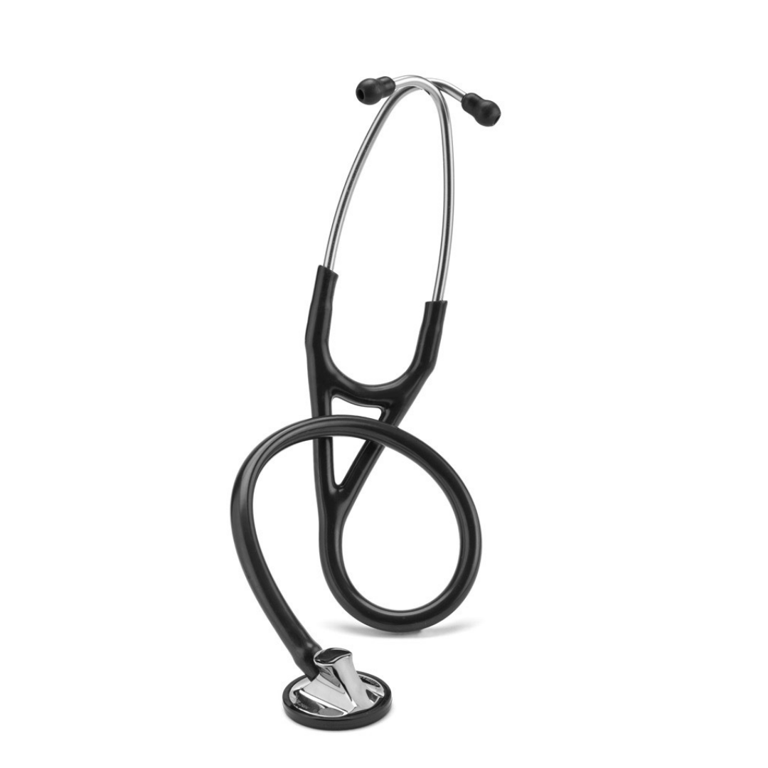 A black Littmann® Master Cardiology™ Stethoscope with a single-sided chestpiece and metal ear tubes.