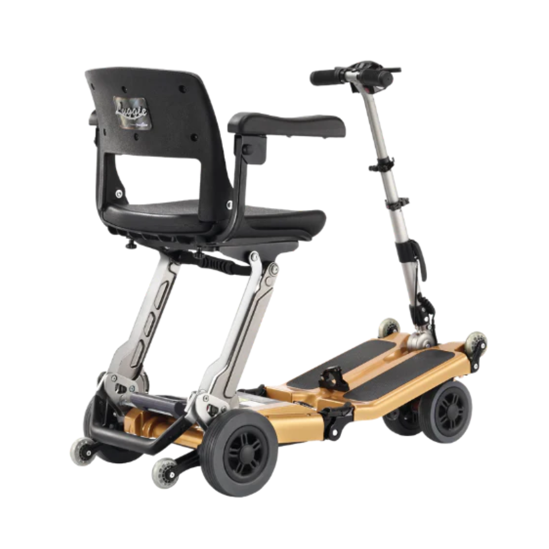 The FreeRider Luggie Golden Elite Travel Scooter features a compact, foldable design with a black seat and backrest, metallic gold frame, four wheels, and adjustable handlebars—ideal for airline-approved easy travel.