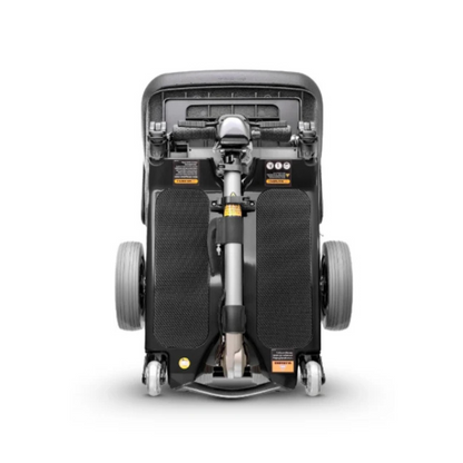 The FreeRider Luggie Standard Travel Scooter, shown folded from above in black, displays its wheels and handlebars as a compact, portable mobility aid.