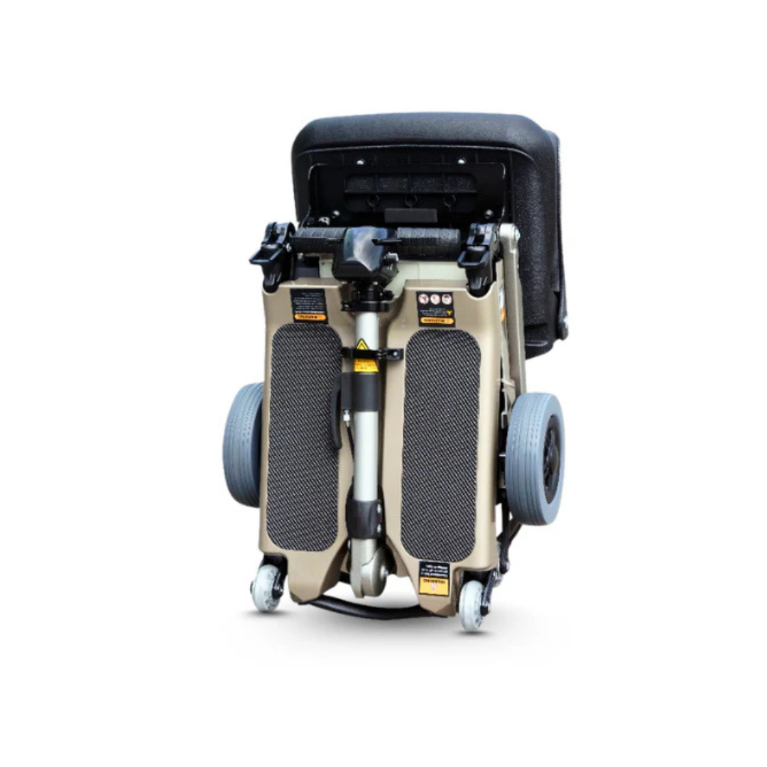 The FreeRider Luggie Standard Travel Scooter, shown from the front with its wheels and folded frame, is a compact and portable mobility aid—perfect for travel—displayed against a white background.