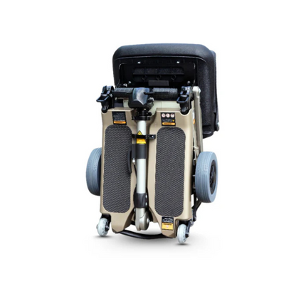 The FreeRider Luggie Standard Travel Scooter, shown from the front with its wheels and folded frame, is a compact and portable mobility aid—perfect for travel—displayed against a white background.