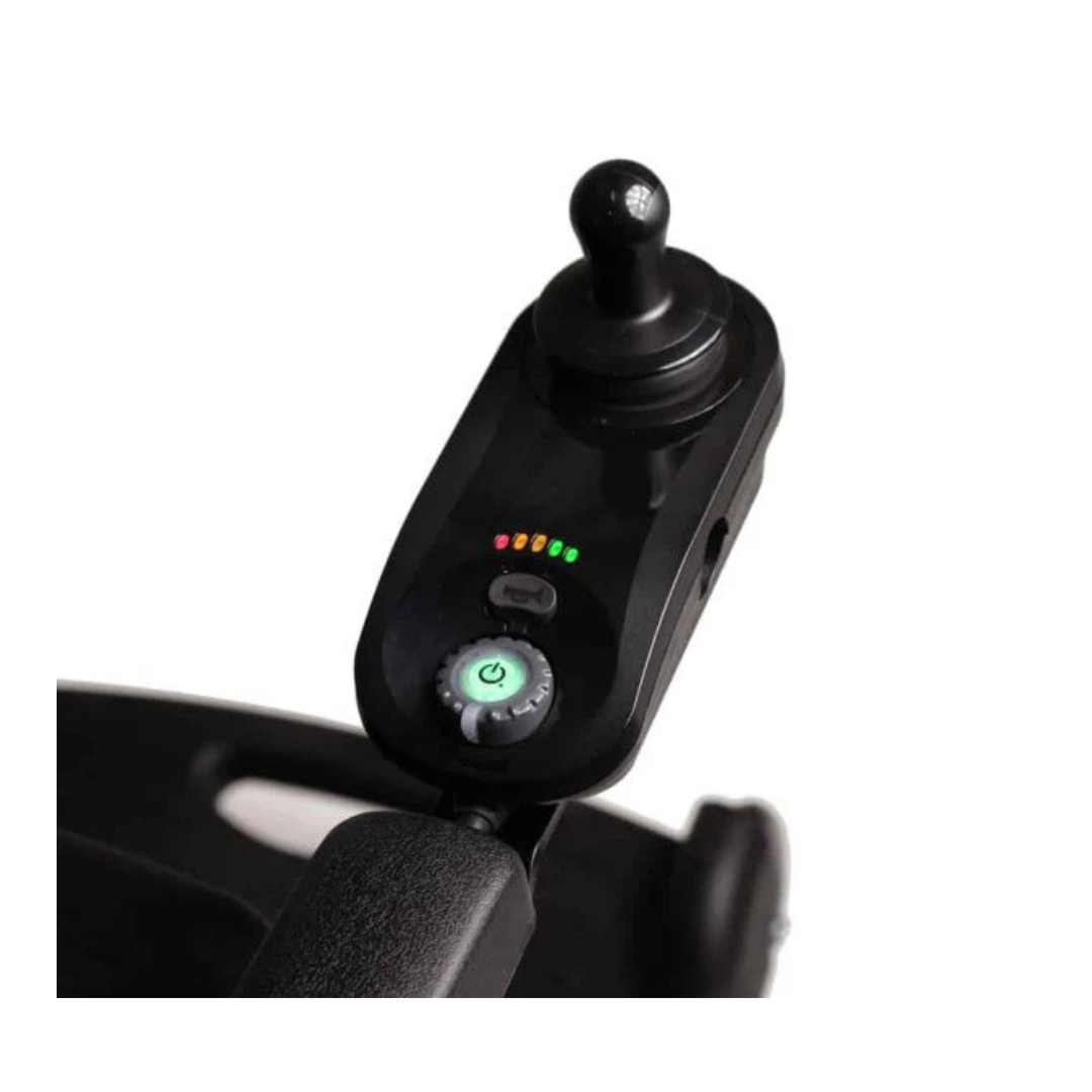 Close-up of the FreeRider Luggie Travel Lightweight Powerchair's black joystick controller, which includes a joystick, indicator lights, power button, and mode selector dial.