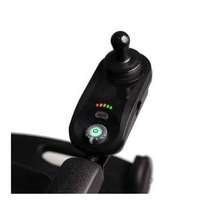 Close-up of the FreeRider Luggie Travel Lightweight Powerchair's black joystick controller, which includes a joystick, indicator lights, power button, and mode selector dial.