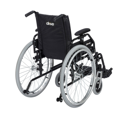 The Drive Lynx Ultra Lightweight Portable Wheelchair is a black aluminum chair with large rear quick-release wheels, small front wheels, armrests, footrests, a drive logo on the backrest, and a sturdy metal frame against a white background.