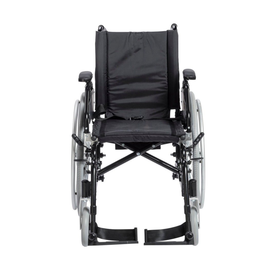 The Drive Lynx Ultra Lightweight Portable Wheelchair, shown from the front on a white background, features large quick-release rear wheels, small front wheels, a padded seat, armrests, and footrests.