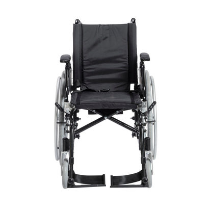 The Drive Lynx Ultra Lightweight Portable Wheelchair, shown from the front on a white background, features large quick-release rear wheels, small front wheels, a padded seat, armrests, and footrests.