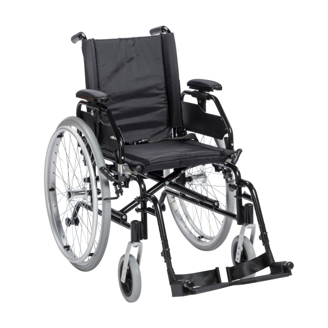 The Drive Lynx Ultra Lightweight Portable Wheelchair, shown on a white background, features a black aluminum frame, large rear quick-release wheels, small front wheels, armrests, and footrests.