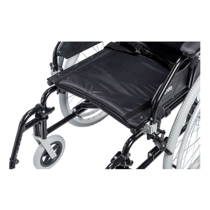 A close-up view of the Drive Lynx Ultra Lightweight Portable Wheelchair, highlighting its black seat, armrests, and large rear wheels with grey tires; footrests and part of the frame are also visible.
