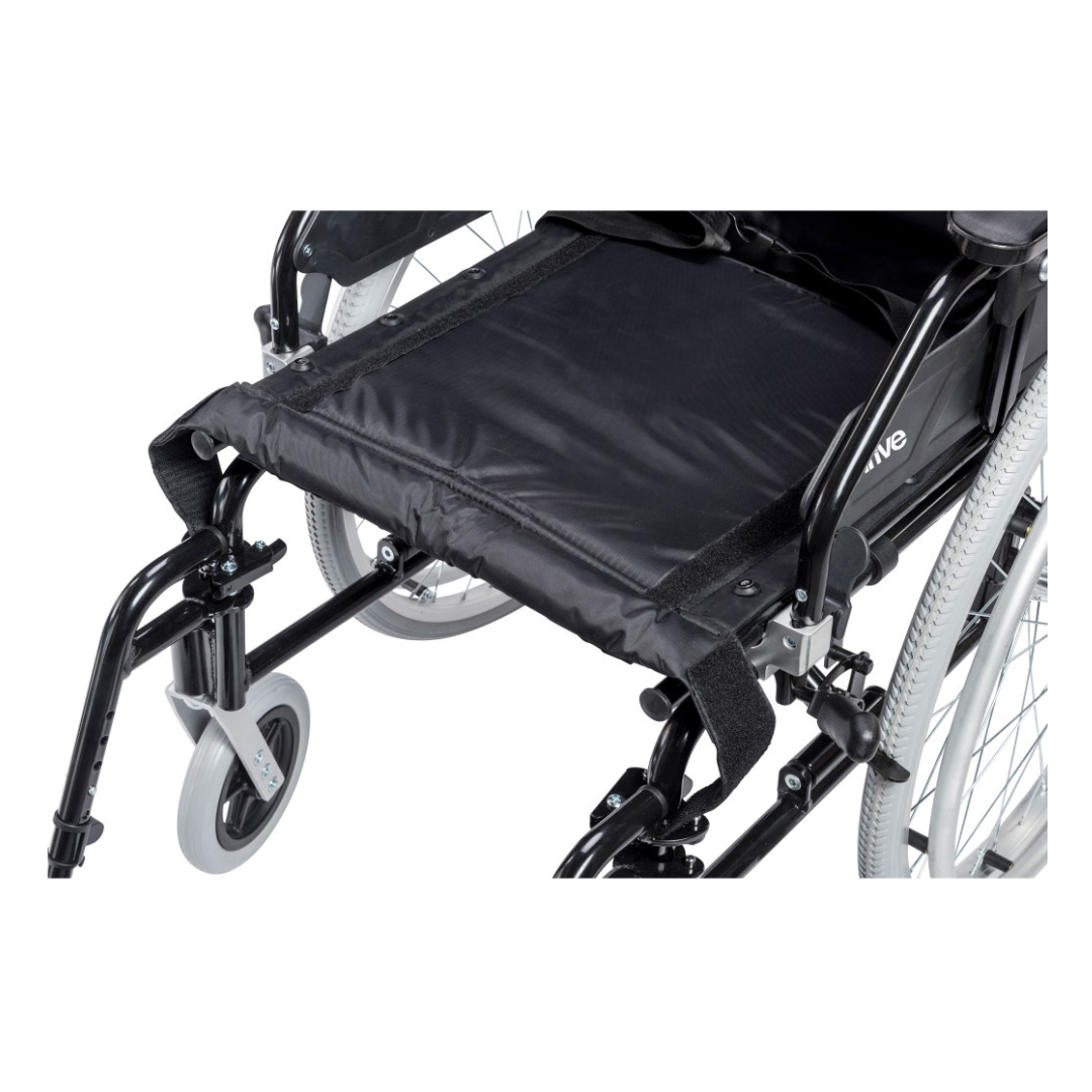 A close-up of the Drive Lynx Ultra Lightweight Portable Wheelchair shows its black seat, white tires, and single front caster wheel, with both footrests folded up for convenience.