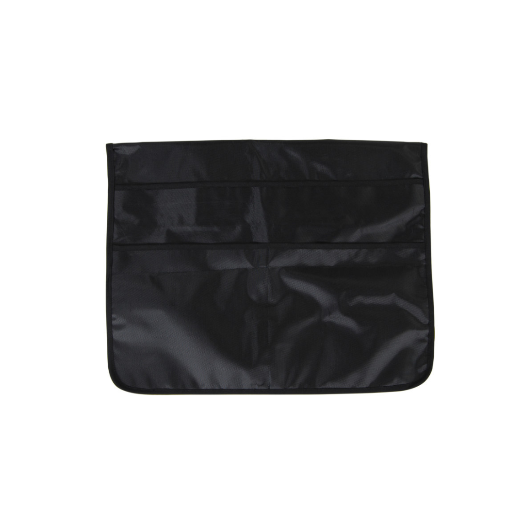 A black, rectangular fabric organizer with three horizontal pockets, designed to attach to the Drive M-Rail Home Bed Assist Handle, is shown flat against a white background.