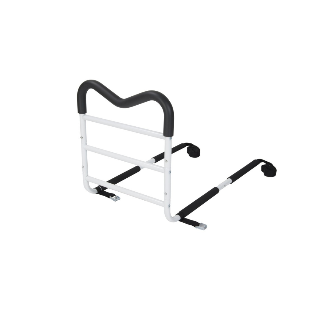 The Drive M-Rail Home Bed Assist Handle is a white and black adjustable rail with a curved handle and two horizontal bars, designed to offer support and serve as a reliable safety rail for getting in and out of bed.