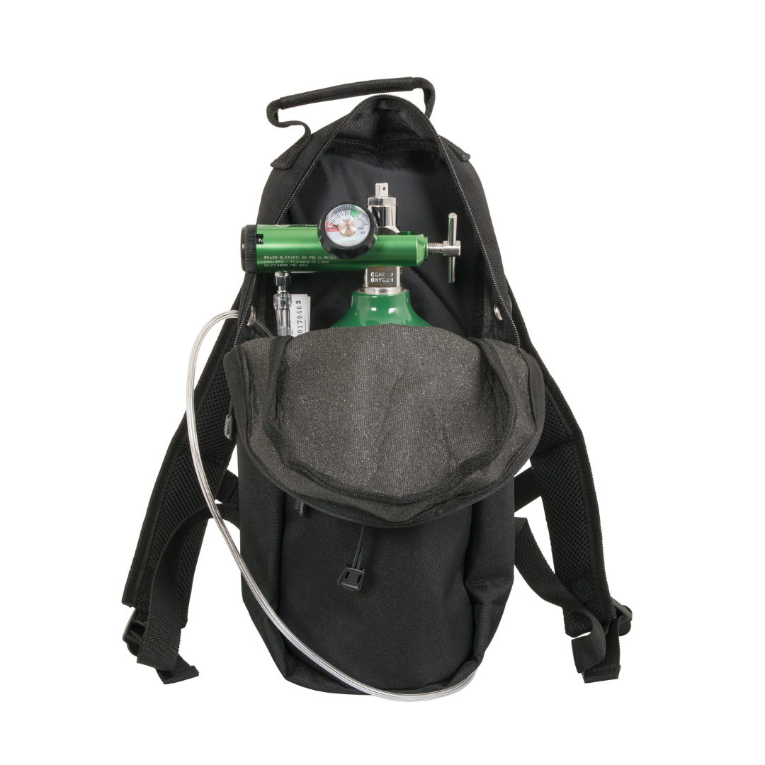 The Zephyr Oxygen Cylinder Shoulder Bag is a black backpack with an open front pocket showing a portable oxygen tank and regulator inside, featuring a transparent oxygen tube and mesh window for easy monitoring.