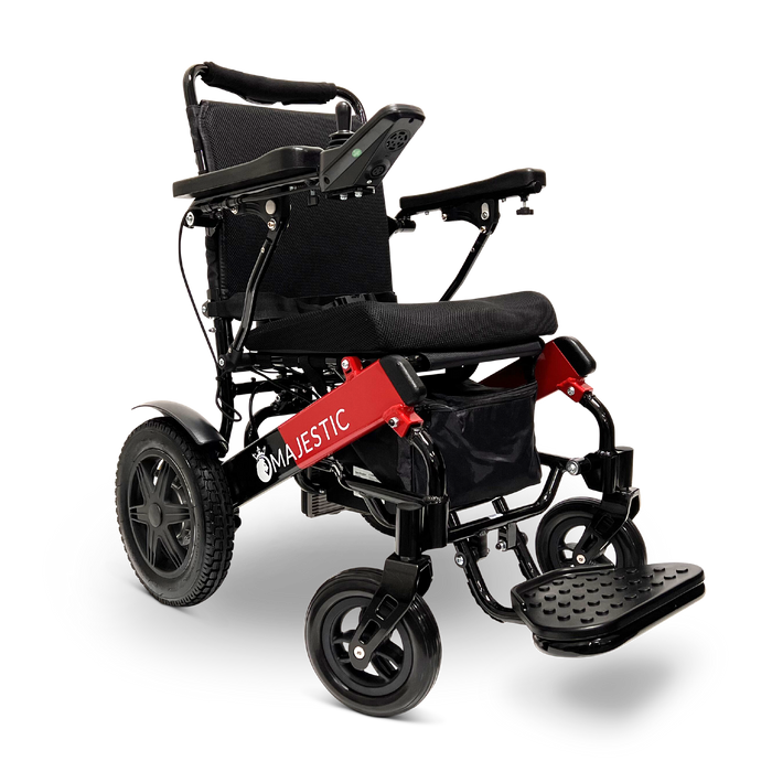 The ComfyGo MAJESTIC IQ-9000 is a black and red remote-controlled electric wheelchair featuring a cushioned seat with armrests and a footrest. It is designed with large rear wheels and smaller front ones for stability. A joystick controller on the armrest facilitates smooth navigation, while the word "Majestic" is elegantly printed on its lightweight frame.