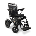 The ComfyGo MAJESTIC IQ-9000 Remote Controlled Electric Wheelchair is a black model equipped with a padded seat and backrest, and it features a digital joystick controller on the armrest. It boasts brushless silent motors for smooth operation, large rear wheels, smaller front wheels, and includes a foldable footrest.