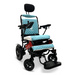 The ComfyGo MAJESTIC IQ-9000 is a black electric wheelchair with blue quilted padding on the seat and backrest. It features a headrest, armrests, adjustable footrest, digital joystick on the right arm for seamless control, and Majestic elegantly displayed in white on its side.