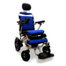 The ComfyGo MAJESTIC IQ-9000 Auto Folding Electric Wheelchair features a sleek metallic frame with quilted blue upholstery, brushless silent motors, and includes a cushioned headrest, armrests, footrest, and large rear wheels for optimal comfort and mobility.