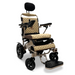 The ComfyGo MAJESTIC IQ-9000 Auto Folding Electric Wheelchair includes black wheels, a tan quilted seat and backrest, armrests, a headrest, and a footplate. It provides mobility assistance with a digital joystick controller for effortless navigation.