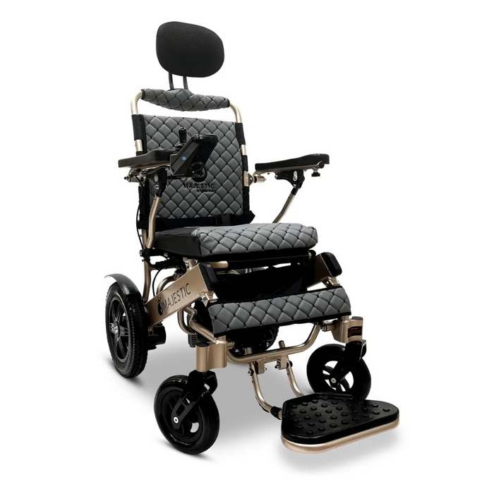 The ComfyGo MAJESTIC IQ-9000 Auto Folding Electric Wheelchair boasts a sleek black and metallic quilted frame with padded cushioning, headrest, footrest, brushless silent motors, and a digital joystick controller on the armrest for ultimate comfort and effortless mobility.