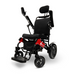 The ComfyGo MAJESTIC IQ-9000 Auto Folding Electric Wheelchair, in black and red, features adjustable headrest and armrests, brushless silent motors for a smooth ride, four wheels, padded seat and footrest, backrest, and a digital joystick controller on the armrest.