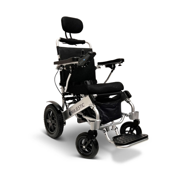 The ComfyGo MAJESTIC IQ-9000 Auto Folding Electric Wheelchair, in black and silver, features cushioned seating with head support, footrests, armrests, brushless silent motors for smooth rides, a digital joystick on the right armrest, and four wheels with larger rear wheels for stability.