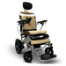 The ComfyGo MAJESTIC IQ-9000 Auto Folding Electric Wheelchair boasts quilted beige cushions, a black headrest, and armrests. It has a silver frame, large black rear wheels, smaller front wheels with a footplate. The digital joystick ensures smooth handling and Majestic is elegantly displayed on the backrest.