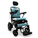 The ComfyGo MAJESTIC IQ-9000 Auto Folding Electric Wheelchair features a light blue quilted seat with an adjustable headrest, sleek black frame, armrests, footrest, and sturdy wheels. It includes a digital joystick for easy navigation and has the Majestic brand on the seat.