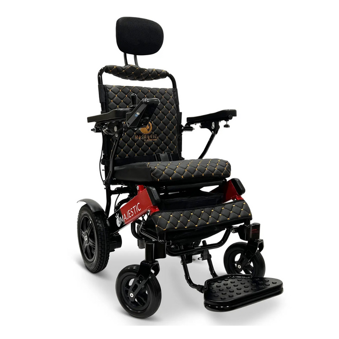 The ComfyGo MAJESTIC IQ-9000 Auto Folding Electric Wheelchair boasts a quilted black seat with gold stitching, auto-reclining for ultimate comfort, armrests, headrest, and footrest. Its red frame encases brushless silent motors powered by a digital joystick controller for seamless navigation.