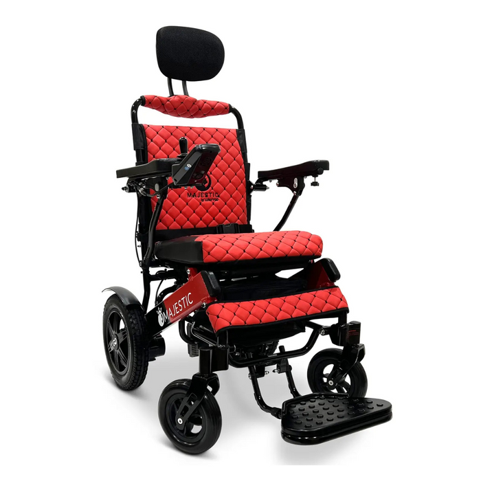 The ComfyGo MAJESTIC IQ-9000 Auto Folding Electric Wheelchair boasts a sleek design with red quilted upholstery, a black frame, brushless silent motors, and a digital joystick controller. It features adjustable armrests, an auto-reclining seat, four wheels, and a headrest for ultimate comfort.