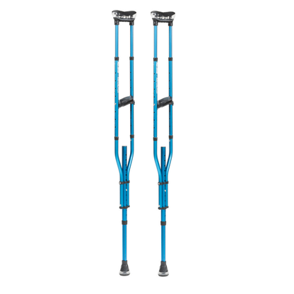 A pair of Drive Air-Crutches featuring blue metal frames, black handles, Airgonomic™ underarm cushions, and rubber tips stand upright against a white background.